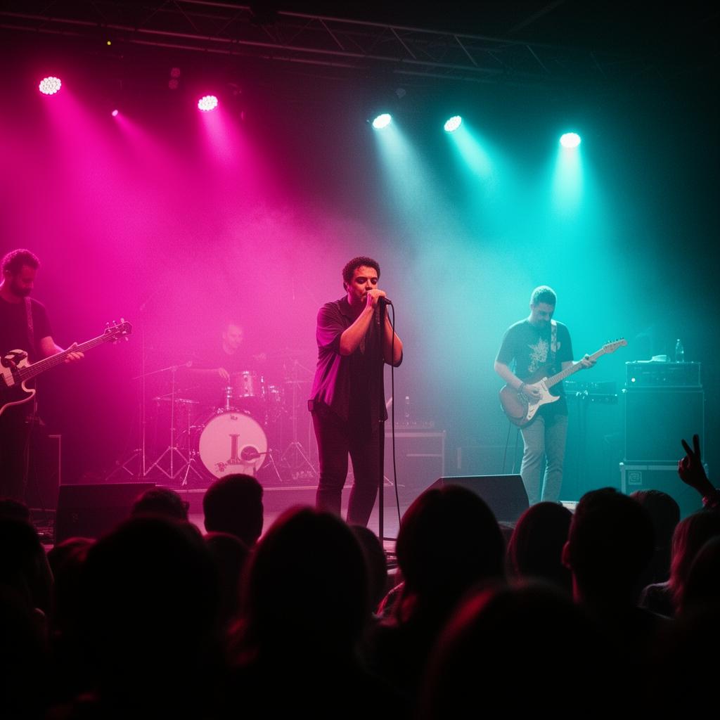 A band mid-performance under stage lights